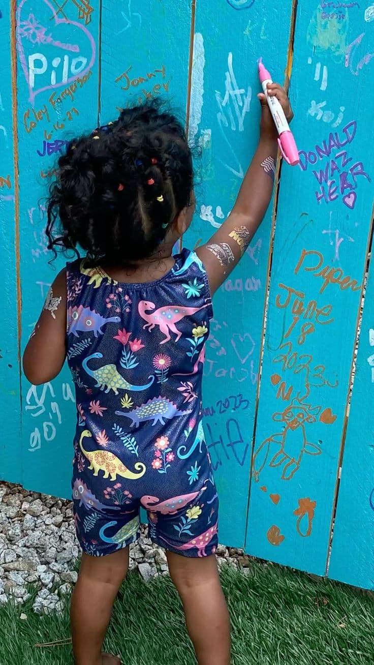 Guest signing the teal signature fence